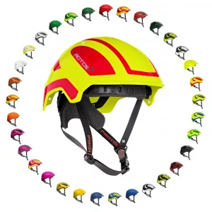 Schutzhelm PROTOS Integral Climber vorne-rechts umringt von einer Auswahl aller Standard-Farbkombinationen mit integriertem Crash-Absorber und Kinnriemen für Klettereinsätze, Höheneinsätze, als Fahrradhelm oder Skihelm