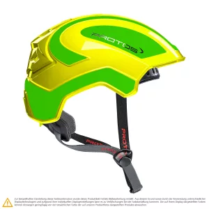 Schutzhelm PROTOS Integral Climber Neongelb-Neongrün mit integriertem Crash-Absorber und Kinnriemen für Klettereinsätze, Höheneinsätze, als Fahrradhelm oder Skihelm, Seitenansicht