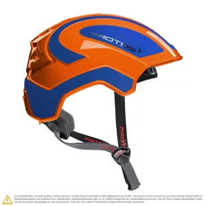 Schutzhelm PROTOS Integral Climber Orange-Blaumetallic mit integriertem Crash-Absorber und Kinnriemen für Klettereinsätze, Höheneinsätze, als Fahrradhelm oder Skihelm, Seitenansicht