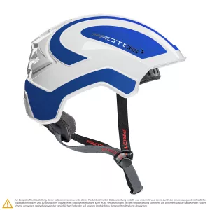 Schutzhelm PROTOS Integral Climber Weiss-Blaumetallic mit integriertem Crash-Absorber und Kinnriemen für Klettereinsätze, Höheneinsätze, als Fahrradhelm oder Skihelm, Seitenansicht
