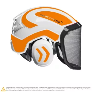 Schutzhelm PROTOS Integral Forest in Weiss-Neonorange-Hell für Forst- und Waldarbeiten mit integriertem Gehörschutz und Visier, Seitenansicht