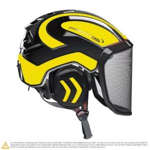 Schutzhelm PROTOS Integral Arborist in Schwarz-Zitronengelbreflex für die Baumpflege mit integriertem Gehörschutz und Visier, Seitenansicht