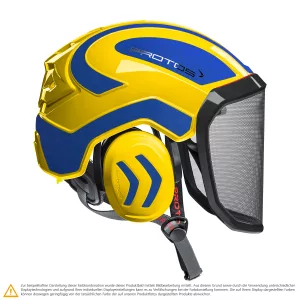 Schutzhelm PROTOS Integral Arborist in Gelb-Blaumetallic für die Baumpflege mit integriertem Gehörschutz und Visier, Seitenansicht