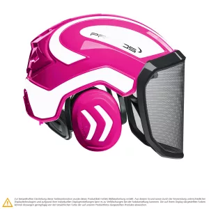 Schutzhelm PROTOS Integral Forest in Pink-Weiss für Forst- und Waldarbeiten mit integriertem Gehörschutz und Visier, Seitenansicht