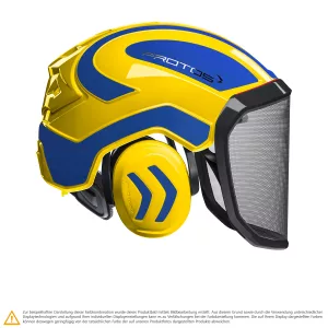 Schutzhelm PROTOS Integral Forest in Gelb-Blaumetallic für Forst- und Waldarbeiten mit integriertem Gehörschutz und Visier, Seitenansicht