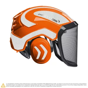 Schutzhelm PROTOS Integral Forest in Orange-Silberweissreflex für Forst- und Waldarbeiten mit integriertem Gehörschutz und Visier, Seitenansicht